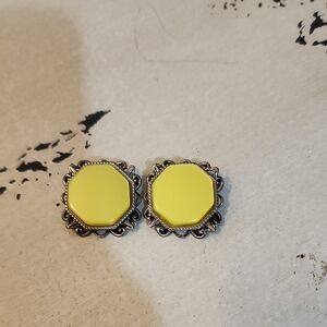 Vintage Yellow Octagon Clip On Earrings with Silvertone Accents